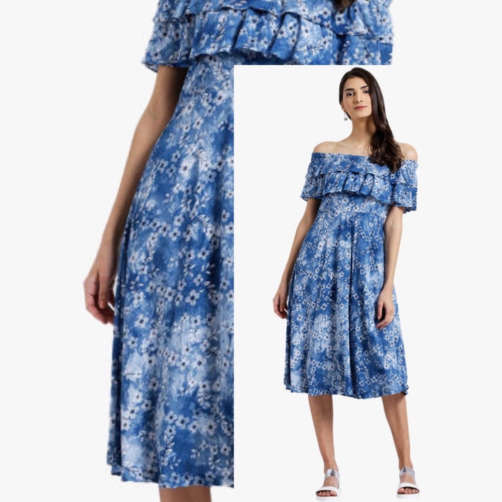 Blue Floral Off-Shoulder Midi Dress